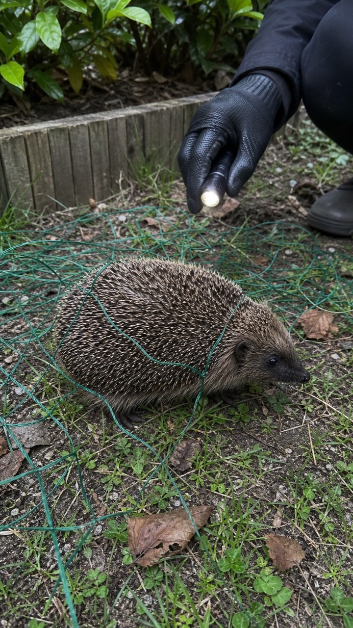 Hérisson repéré dans un filet de jardin, visuel de prévention AnimalProTech à Val-de-Reuil